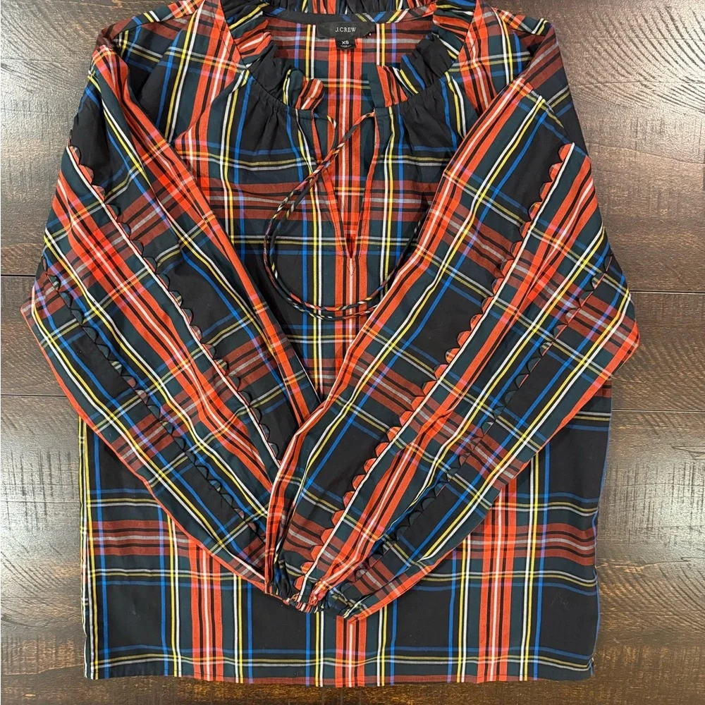 J.Crew Stewart Tartan Plaid Tie Neck Ruffle Blouse Top XS